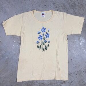 Vintage Anvil Womens Size S Pastel Yellow Floral Print Short Sleeve T Shirt Top